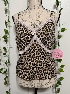 Leopard Lace-Trim Chemise Camisole with Pink Accents